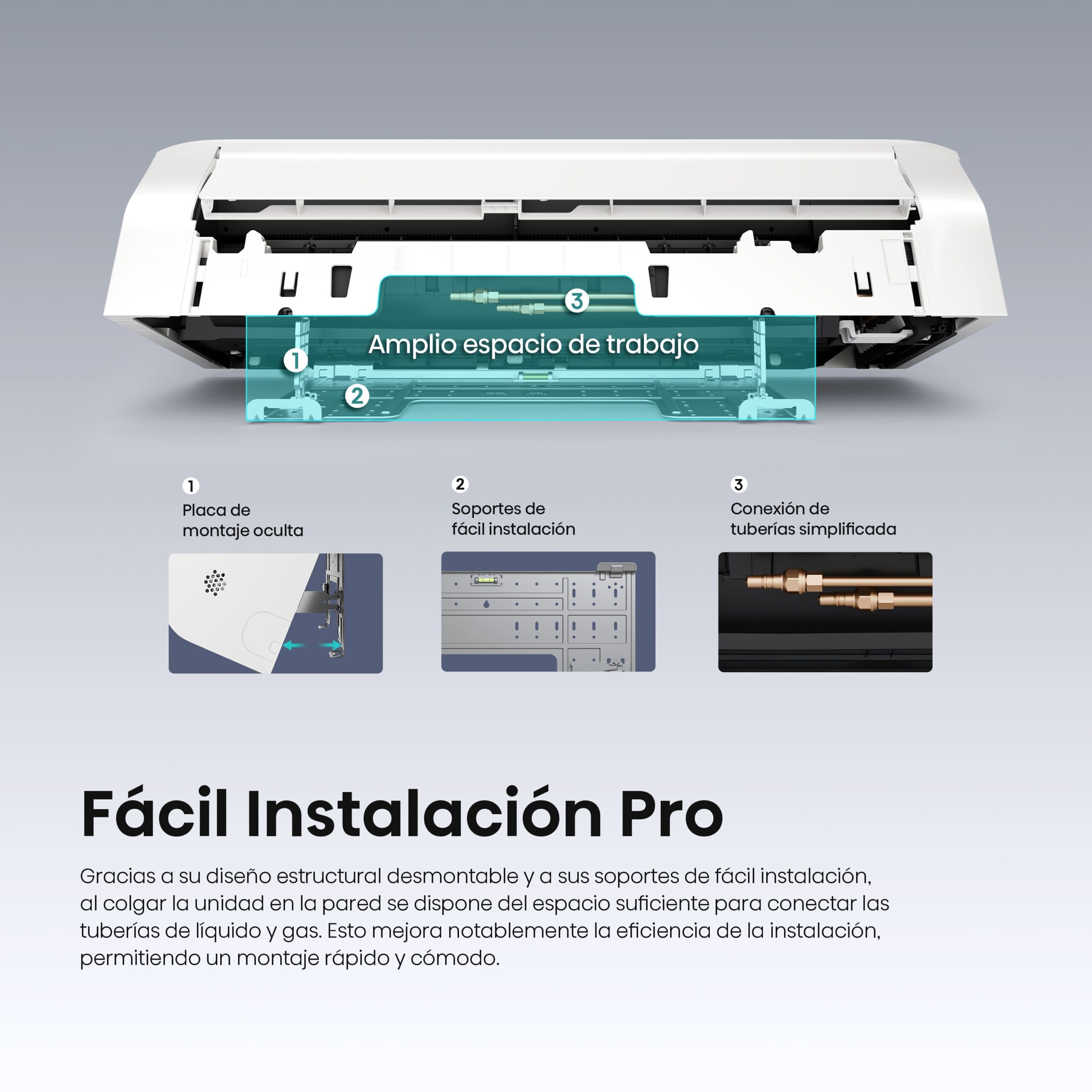 Diseño pensado para facilitar la instalación profesional El diseño estructural del Max Confort facilita el trabajo del instalador, proporcionando espacio para realizar las conexiones frigoríficas y acceder a los principales componentes del equipo.  Hisense destaca específicamente la fácil instalación profesional y el mantenimiento sencillo dentro de las características de esta gama.  Una instalación más accesible puede simplificar tanto el montaje inicial como futuras intervenciones técnicas.